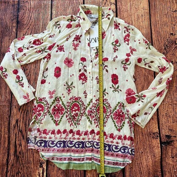 ZARA Women Floral Print Button Down Long Sleeve Shirt Cream Pink Green Size S - Picture 10 of 11